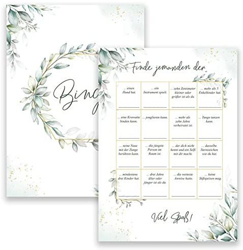 50x Bingo Karten Party Geburtstags Geburtstag Jubiläum Hochzeitsbingo Hochzeit Grün Blätter witziges Hochzeitsspiele Hochzeitsspiel für Gäste Brautpaar Spiel Hochzeitsdekoration Hochzeitsfeier