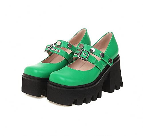 Ulalaza Women's Platform Mary Janes Heart Cat Buckle Rivets Ankle Lolita Gothic Princess Platform Pumps Patent Leather Thorn Vintage Traditional Embroidery Upper Dress Shoes Style 4 Green, 6 UK