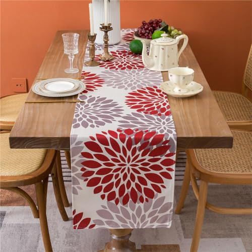 Tischläufer Weihnachten Modern Boho Rot und Grau Dahlie Lange Tischdecke Abwaschbar Leinen Tischwäsche 33 x 183cm Bauernhaus Rustikale Feiertagsdekoration für Küche Esstisch Dekoration