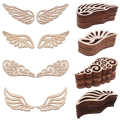JNWYH 120 Stk Holzflügel, Aushöhlen Holz EngelsflüGel 6.2 * 2.5cm Holzflügel Engel für Heim Partydekoration,Kunsthandwerk,Dekorative Anhänger,DIY(4 Stile)