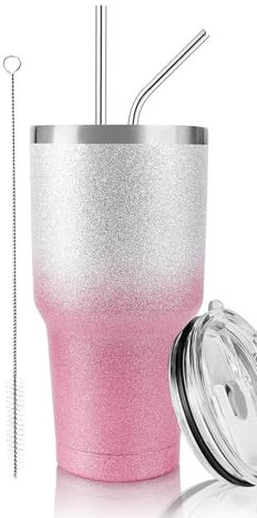D·S 30 oz Tumbler Pink Glitter Gradient Cup Stainless Steel Double Wall Vacuum Insulated Mug with Straw and Lid, Cleaning Brush for Cold and Hot Beverages