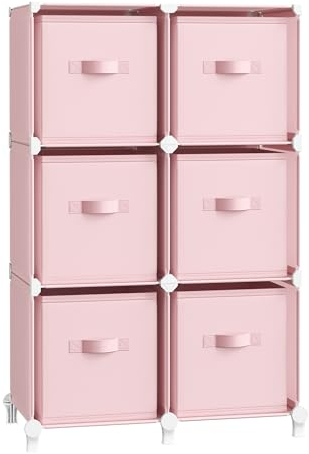 SONGMICS Estantería Modular, Cubo de Ropa con Cajas de Almacenaje, Armario Modular de 6 Compartimentos, Personalizable, Expandible, Ahorro de Espacio, Dormitorio, Rosa Jalea LPC062R01