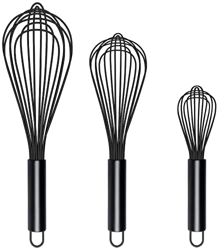 TEEVEA Silicone Whisk,Non Stick Kitchen Whisks for Cooking,Stainless Steel Metal Wire Silicone Rubber Coated Wisk,Heat Resistant & Non Scratch,Perfect for Eggs,Bread Wisking Tool Set of 3,Black