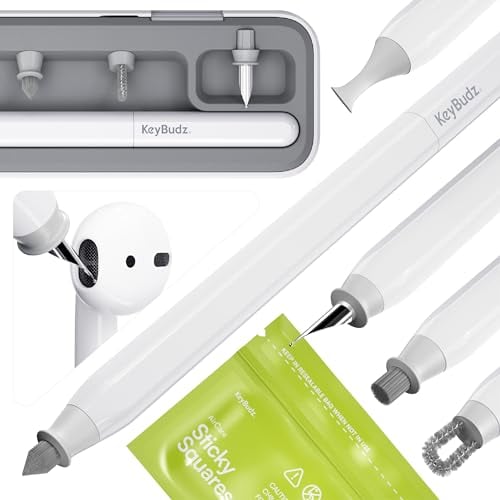 KeyBudz AirCare 2.0 AirPods-Reinigungsset/Patentierter Multi-Tool-Reiniger, austauschbare Bürstenaufsätze für AirPods, iPhone & Apple-Geräte mit Reinigungsknete Hartschalenetui & Aufbewahrungsbeutel