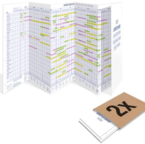 2er Pack: Yohmoe® Mitarbeiter Urlaubsplaner 2025 faltbar, gefalzt Format 975x297 mm, großer Personalplaner Wandkalender für Urlaubsplanung, Dienstplaner Kalender über 14 Monate, Urlaubskalender
