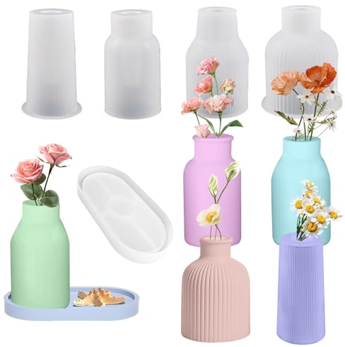 HuaMuDM 6 Stück Vase Silikonform,4 Vase+2 Paletten, DIY Vases Resin Formen, Vase Gießformen, Blumenvase Silikonformen, Epoxidharz Formen Vase,DIY Blumenvase Resin Moulds, Gießformen Silikon Vase