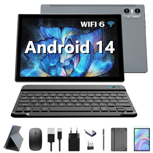 KADYBE 2025 Neueste WLAN 6 Android 14 Tablet 10 Zoll,64GB ROM (512GB TF),Octa-Core,| Google GMS-Zertifizierung| 5+13 MP | 1.8GHz | 7000 mAh | Tablet mit Tastatur Maus Stift, 2 Jahre Garantie-(Grau)…