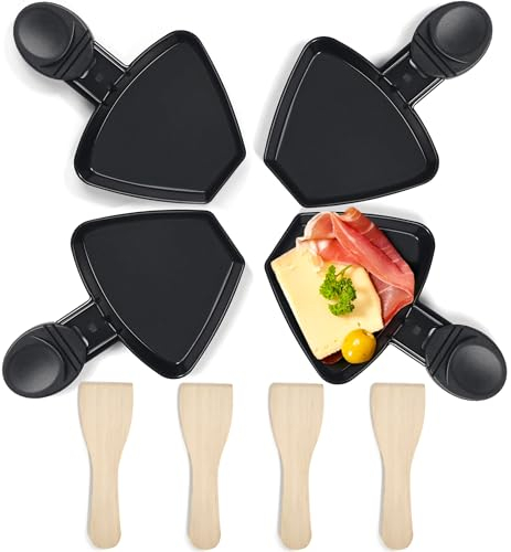HengBO poelon raclette Coupelle RevêTement AntiadhéSif Fonte 4pcs Mini Assiette Apporter 4 Spatules à Raclette Bois PoêLon Raclette Pour Appareil à Raclette(noir)