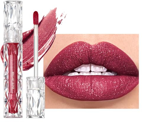 Glitzer Lip Gloss Matt, Flüssiger Lippenstift mit Diamond Funkeln, Lipgloss Langanhaltend & Wasserfest, Liquid Lipstick Hochpigmentierter Shimmer Lippen, Feuchtigkeitsspendende Formel, Seidige Textur
