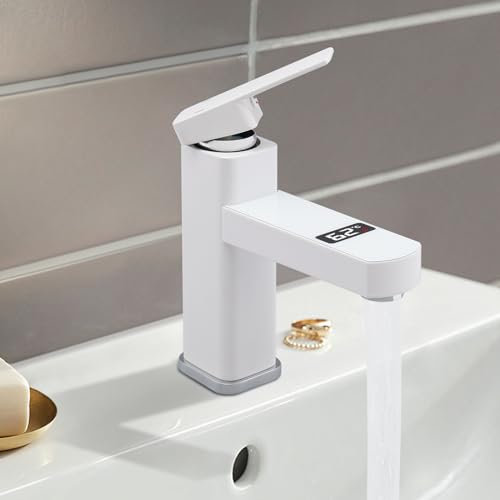 Robinet de lavabo G1/2 - Avec affichage numérique LED de la température - Mitigeur de salle de bain - Blanc