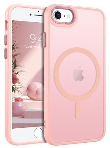 DUEDUE Cover Magnetica per iPhone 7/8/SE 2020/2022[Compatibile con MagSafe], Custodia Opaca per iPhone 6/6S/8/7/SE Case con Pulsante metallico Ultra-Sottile TPU Silicone Anti-Scivolo, Rosa