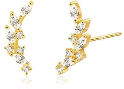 Weviway Sterling Silver Stud Earrings Leaf Earrings Gold Played Climber Earrings for Women Small Earrings with Cubic Zirconia Hypoallergenic Earrings Sterling Silver Jewellery Gifts for Women