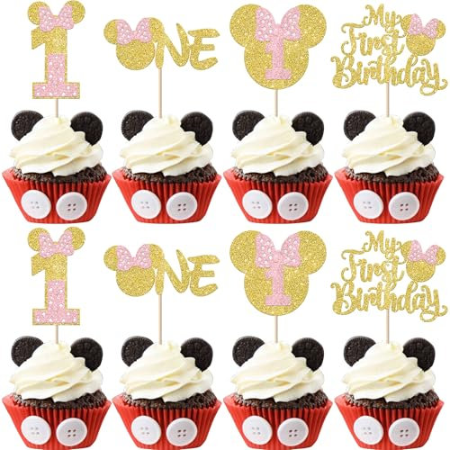 Xsstarmi 24 Pack My 1st Birthday Mouse Inspired Cupcake Toppers, Pink Bow Mini One Cupcake Picks Decorations for Baby Shower Kids First Birthday Party Cake Decorations Gold