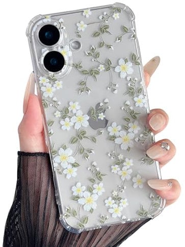 ZTOFERA Case for iPhone 16, Transparent Clear Soft TPU Case with Flower Pattern, Ultra Slim Anti-scratch Silicone Gel Protective Bumper Cover for iPhone 16 (6.1) - Big White Flower