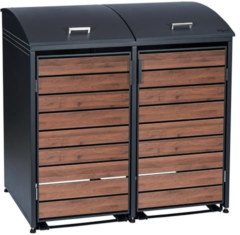 Zelsius Mülltonnenbox 2er Mülltonne mit abgerundetem Deckel | 120-240 Liter | Walnuss, Anthrazit RAL7016 | Tür in Holzoptik mit Erweiterungsmöglichkeiten | Mülltonnenhäusschen, Mülleimerboxen