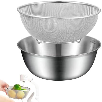 Stainless Steel Colander Set - Grains Rinser and Pasta Strainer with Mesh Basket and Mixing Bowl | Kitchen Food Drainer for Washing Rice, Fruits, Vegetables, & Cooked Pasta, Double-Layer Drain Basin