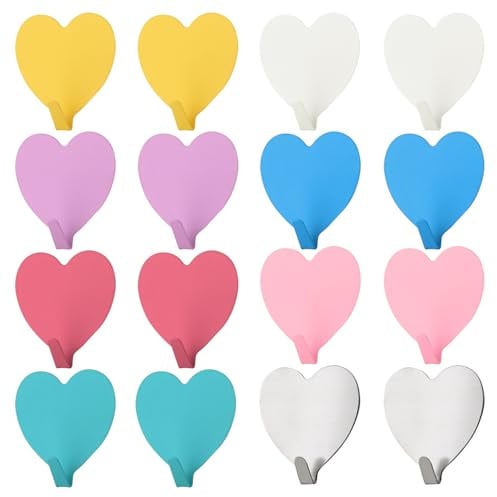 Confezione da 16 ganci a forma di cuore, ganci d'amore colorati, ganci in metallo, ganci autoadesivi, graziosi appendiabiti, ganci decorativi, accessori per la casa
