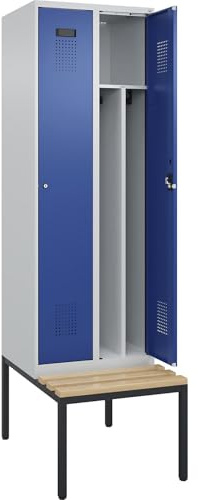 kaiserkraft | Schwarz-Weiß-Spind Evolo Plus Sitzbank | schmal | 2 Abteile | Trennwand verkürzt | lichtgrau/enzianblau | B 600 mm | Zylinderschloss | mit untergebauter Sitzbank | Buche
