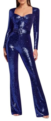 Damen Jumpsuit Pailletten Glitzer Langarm Hosenanzug Elegant Hochzeit Romper Playsuit Festlich Lang Overall Party Casual Hohe Taille Jumpsuits Clubwear