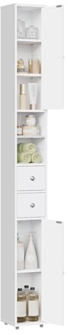 EUGAD Badezimmerschrank, Badschrank schmal hoch, Hochschrank Badezimmer, mit Schubladen Fächern verstellbaren Ablagen Türen, Weiß, MDF, 20x180x20 cm