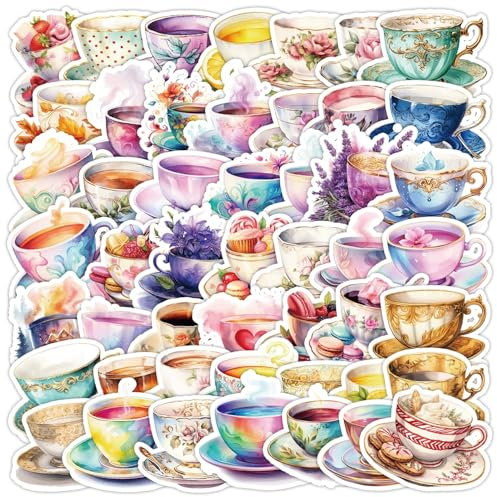 50 Pcs Watercolor Teacup Vinyl Stickers,Teacup Graffiti Stickers,Vinyl Waterproof Sticker for Kids Teens Girls,for Phone Laptop Bottles Skateboard Computer Phone Luggage Guitar Gifts Sticker