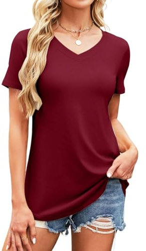 Teesho Damen Tshirt Kurzarm V-Ausschnitt Longshirt Sommer Oberteile Elegant Baumwolle Shirts Lang Tops Bluse Tunika (Weinrot/M)