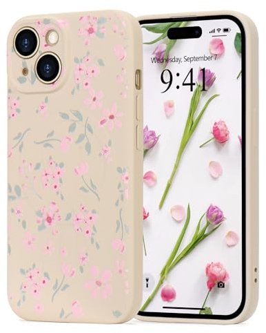 Wirvyuer for iPhone 13 Magnetic case Floral for Women, White | Compatible with Magsafe Cute Floral Leaves Phone Case, Pink Flower Shockproof Silicone Slim Bumper Protective Cover for Girls