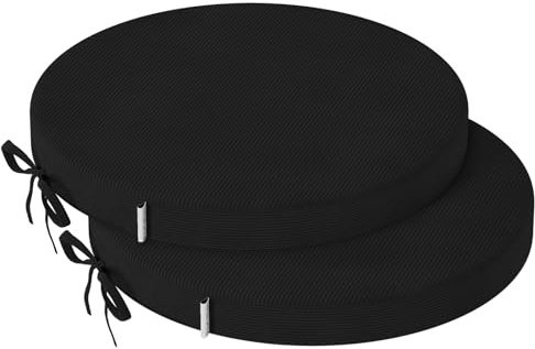 PRIMEPATIO Round Dining Chair Seat Cushions Set Of 2, 40x40cm, Black | 5cm Thick Round Bistro Seat Pads With Ties, Slip Resistant Cushions For Kitchen, Garden, Bar Stools and Indoor Outdoor Use