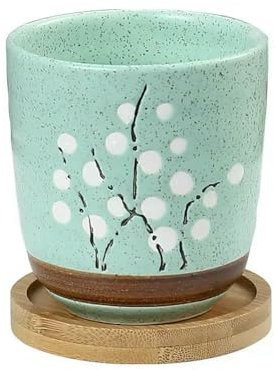 TPIONEER Pot de Fleurs avec Plateau en Bambou, Style Japonais, en céramique, Mini-Plante en Ciment pour Plantes succulentes, bonsaï, décoration de Jardin, Bureau, Maison