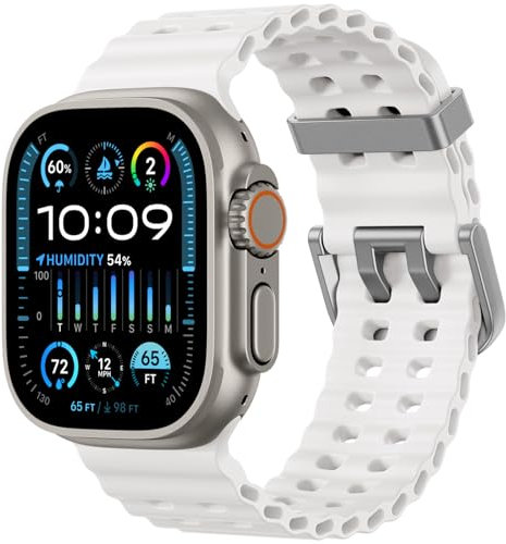 Upeak Pulsera deportiva compatible con Apple Watch Ultra 2, 49 mm, 45 mm, 44 mm, 42 mm, 46 mm, 26 mm, correa ajustable de silicona Ocean Loop para iWatch Series 11 10 9 SE 8 7 6 5 4 3 2 1, blanco
