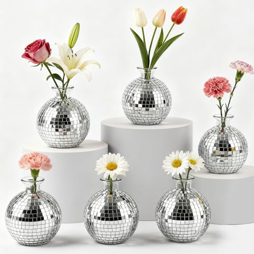 LDXDRU 6 Disco Ball Vase Decoration, Disco Ball Vase, Decorative Ball Planter, Disco Ball Flower Pot for Centre Jewellery, Silver Mirror Glass Decoration for Table, Party, Wedding, Home, Bedroom