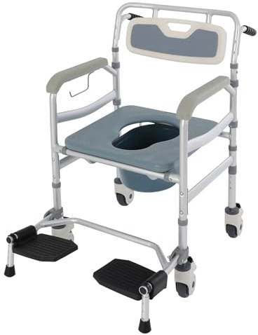 Toilettenstuhl mit Rollen Toilettenrollstuhl Höhenverstellbar, Duschstuhl mit Toilette für Senioren Fahrbarer Toilettenrollstuhl, mit Armlehne Rückenlehne und Toiletteneimer bis 150kg (Fläche)
