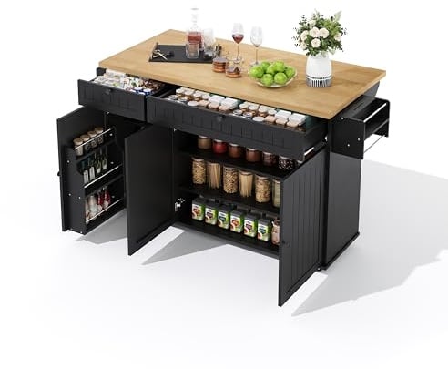 xixiworkshop Kücheninsel Freistehend mit Arbeitsplatte Klappbar, Küchenschrank auf Rollen Bewegliche Küchenwagen für Küche/Esszimmer, 3 Türe, Großer Stauraum, 137x70x89,5cm(LxBxH)