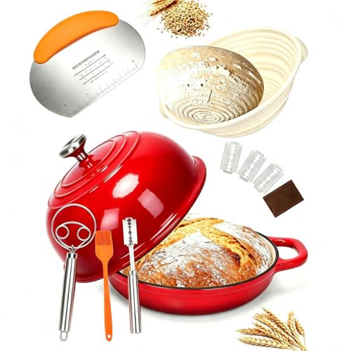GFTIME Cast Iron Dutch Oven with Lid, Bread Baking Pot with Proofing Basket, Single Cutter, Dough Mixer, Sourdough Baking for Kitchen, Braising, 5 Quart, Red
