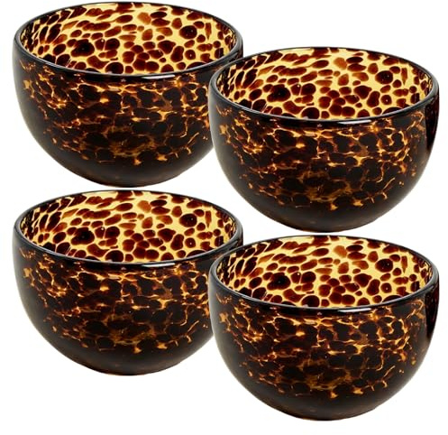 SiliFine 4 Pcs Tortoise Shell Pattern Bowls Brown 4 Inch | Tortoise Leopard Print Glass Bowl for Kitchen Serveware and Accessories, Small Bowls for Bouillon, Dishes, Dessert, Fruit