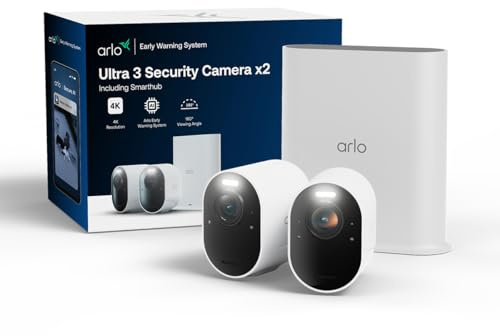 Arlo Ultra 3 Security Camera Outdoor Wireless, 4K UHD, 180 View, AI Detection, Auto Tracking, Colour Night Vision, CCTV, Arlo Secure Trial Included, 2 Cameras with Smarthub for Local Storage, White