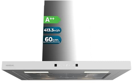 Cecotec Campana Extractora en forma de T Bolero Flux TT 604400 Inox A++, 60cm, 413,3m³/h de succión, Clase A++, Control Táctil Invisible, Hand Movement Control, Función Booster, Filtros Lavables