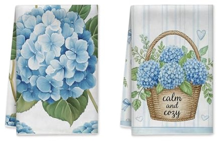 Hydrangea Kitchen Towels Set of 2, Floral Rustic Basket Leaves Spring Blue Absorbent Soft Tea Towels Cottage Kitchen Decor 16x24 Inch