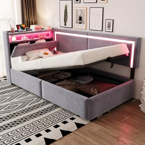 Merax Schlafsofa 90x200 cm, mit LED-Beleuchtung und USB, Kopfteil mit Stauraum und klappbarer Funktion, Hydraulischer Bettkasten, Lattenrost, Samtstoff, Hellgrau (ohne Matratze)