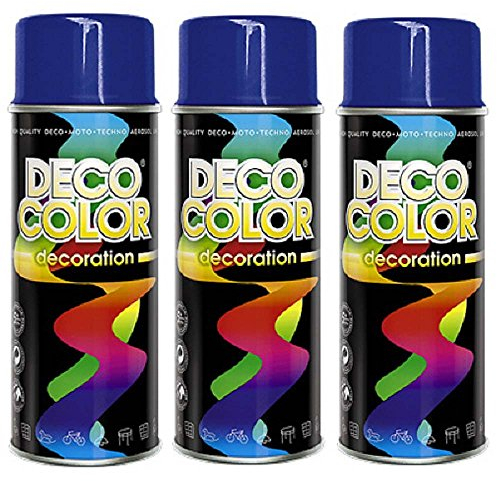 Deco Color 3er Sparpack DC Lackspray glänzend 400ml nach RAL freie Farbauswahl (3 Dosen in ultramarinblau glanz RAL 5002)