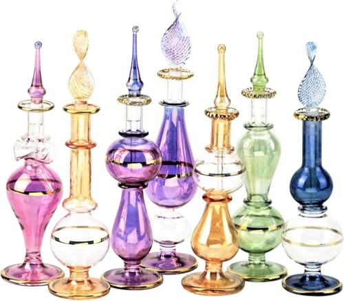 NileCart Ägyptische Parfümflaschen, Großhandels-Set, 12 Stück, Größe 10,2 cm, mundgeblasen mit handgefertigter goldener ägyptischer Dekoration für Parfüms und ätherische Öle