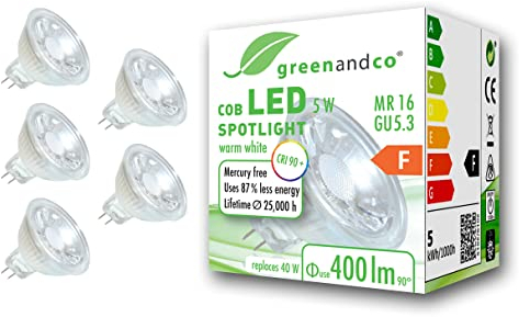 greenandco 5x MR16 GU5.3 | ersetzt 40W | warmweiß 3000K | CRI 90+ | 5W 400 lm | 38° | flimmerfrei | COB LED Spot | 12V AC/DC | nicht dimmbar