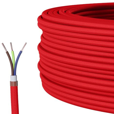 Textilkabel für Lampe, Textilummanteltes Rundkabel, dreiadrig 3x0,75mm², Rot - 100 Meter
