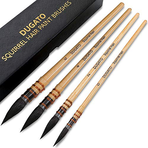 Lot de 4 pinceaux de Peinture Aquarelle Professionnels Ronds en Poils d'écureuil pour Peinture Artistique, Gouache, détails Fins, Acrylique, Gouache, Huile