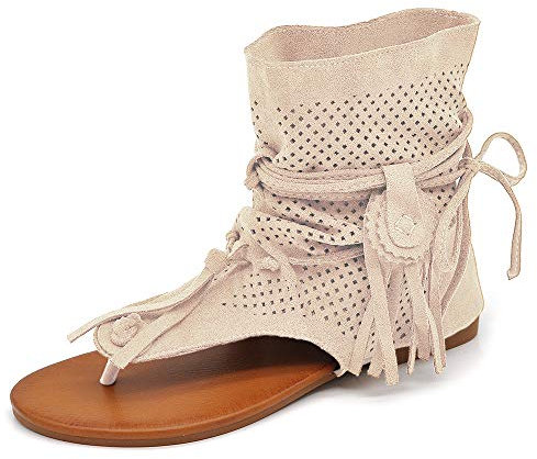 IF Fashion Scarpe da Donna Sandali Indianini Infradito Etnico Frange Pelle Sintetica GLY-103 Beige N.38