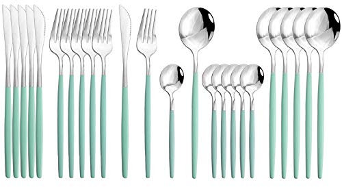 JASHII Lot de 24 couverts en acier inoxydable vert menthe moderne et élégant pour fête, Noël, dîner (vert menthe)