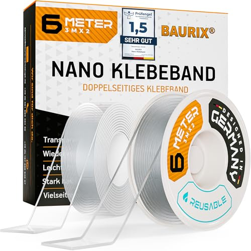 BAURIX® Nano Tape Doppelseitig [2x3m] – Starkes Klebeband für Wand, Teppich & Deko – transparent, waschbar, wiederverwendbar – ideal für DIY und professionelle Anwendungen