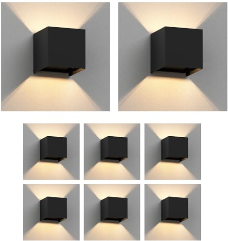 ledscom.de 8 Stück Wandleuchte CUBEL für außen, schwarz, IP65, Up & Downlight, quadratisch + LED Lampe 501lm, warmweiß