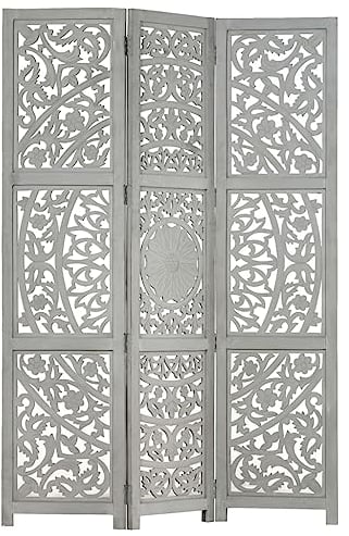 vidaXL Cloison de Séparation 3 Panneaux Séparateur de Pièce Diviseur Cloison de Pièce Paravent Chambre à Coucher Gris 120x165 cm Bois de Manguier