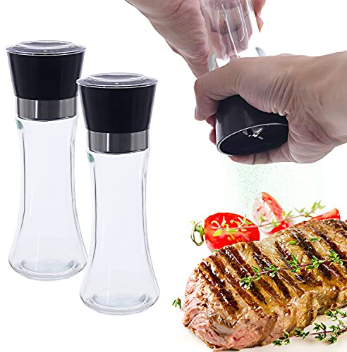 DBOO 2 Pack Salt and Pepper Grinder Mill Set - Manual Salt Pepper Shaker Set with Adjustable Brushed Stainless Steel Glass Body for Pink Salt,Pepper,Spices,No Salt/Pepper